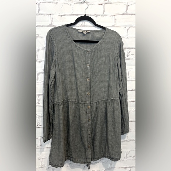 Flax Gray Textured Tunic Dress Medium Button Front Tie Waist Lagenlook - Picture 1 of 6